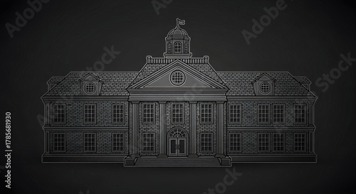 Illustration of a school building in front of mountains with education icons.