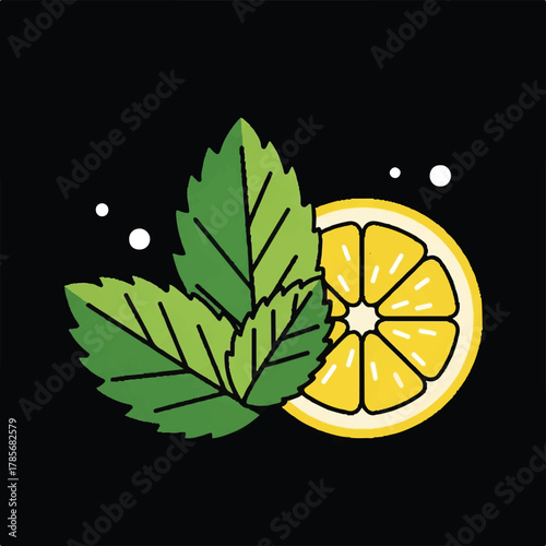 A lemon slice and mint leaves on a black background with small white dots