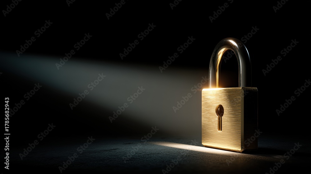 Fototapeta premium Gold metallic padlock standing in a strong horizontal beam of light on a black background