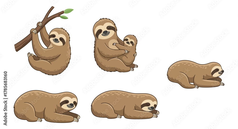 Naklejka premium Cute cartoon sloth illustrations vector graphics stock images art