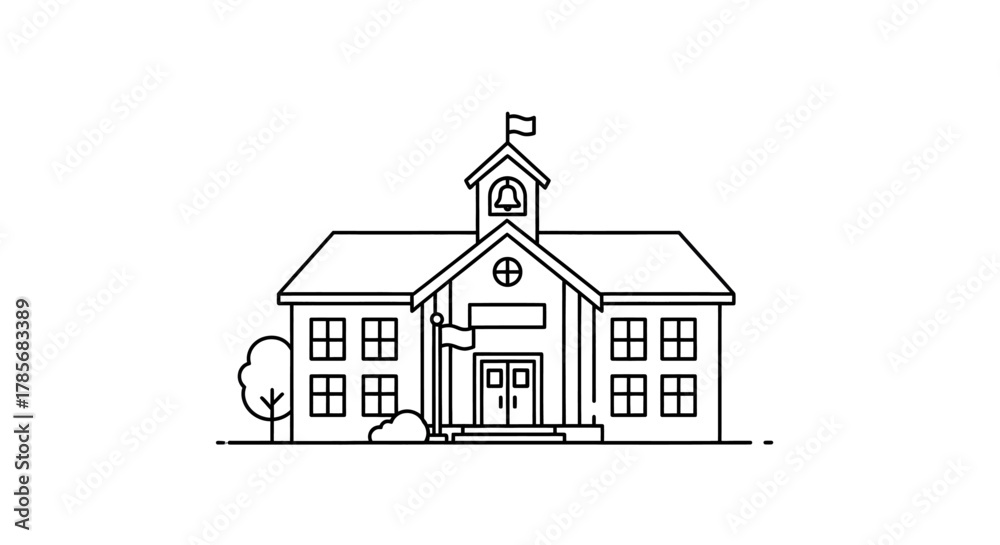 Fototapeta premium Illustration of a school building with a bell tower and a small tree.