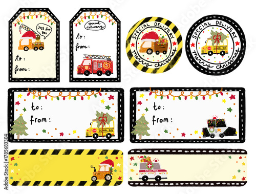 Set collections clipart of blank empty kids christmas gift label tag stickers with community cars under construction transportation themes watercolor crayon doodle illustration design