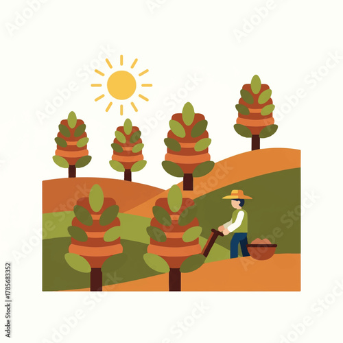 A person with a hat tills the soil on a hillside with trees