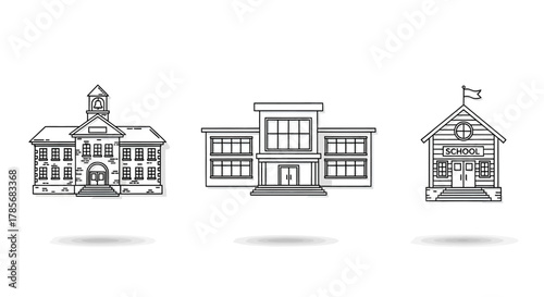 Three detailed line art illustrations of different school buildings with shadows on a white background.