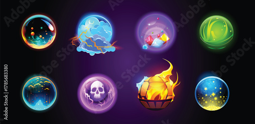 Cartoon set of magic fortune telling crystal balls