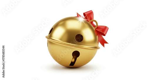 Shiny golden sleigh bell adorned with a festive red ribbon, perfect for holiday promotions and winter celebrations