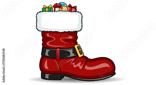 Jolly Santa boot overflowing with beautifully wrapped Christmas gifts and festive holiday treats, ready to spread cheer