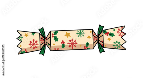 Festive Christmas cracker adorned with snowflakes holly berries and golden stars perfect for holiday celebrations and festive design projects