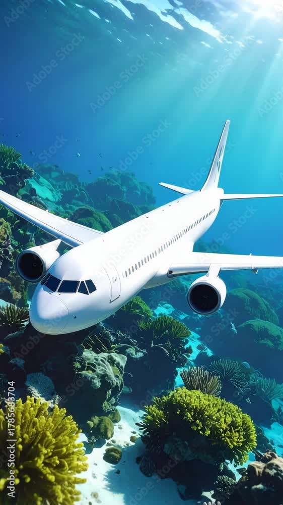 custom made wallpaper toronto digitalCommercial airplane flies underwater over vibrant coral reefs in a surreal aquatic landscape with sunbeams