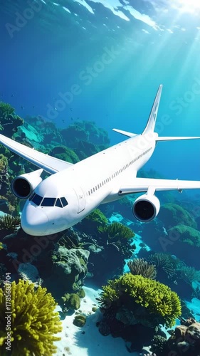 Wallpaper Mural Commercial airplane flies underwater over vibrant coral reefs in a surreal aquatic landscape with sunbeams Torontodigital.ca
