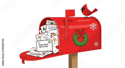 Charming red mailbox overflows with holiday letters to Santa, a festive cardinal perches atop, ready for Christmas magic.