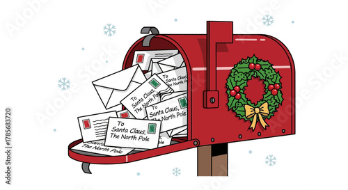 Bursting red mailbox overflows with letters to Santa Claus, adorned with a festive holly wreath and snowflakes, capturing holiday magic.