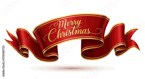 Elegant red ribbon with golden trim elegantly displays 'Merry Christmas' for festive holiday greetings and celebratory designs