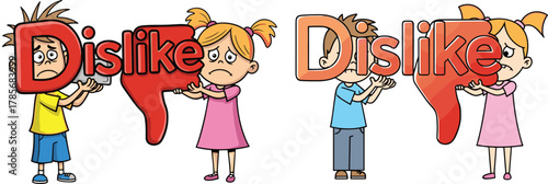 Sad cartoon children holding big red dislike thumbs down sign, social media reaction, emotion expression, negative feedback illustration design concept