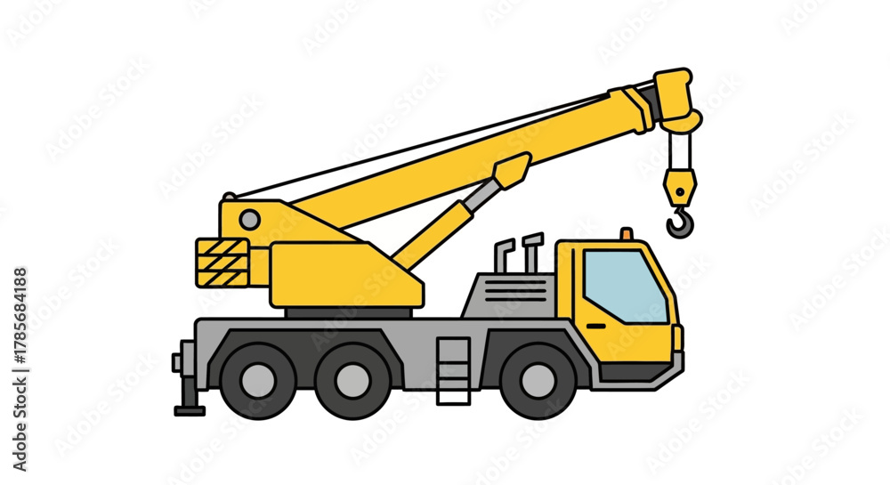 Naklejka premium Yellow crane truck with hook and boom arm on a white background.