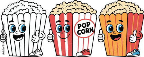Cute popcorn box cartoon vector, happy smiling cinema snack character, funny mascot design with striped pattern and cheerful expression