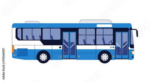 Illustration of a blue and white bus on a white background.
