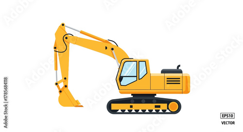 Yellow excavator with bucket on white background.