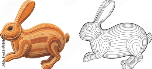 Fototapeta Naklejka Na Ścianę i Meble -  Wooden layered rabbit vector illustration, detailed bunny animal design, color and outline version, modern wildlife art, 3D wooden texture