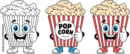Cute popcorn bucket cartoon vector illustration, smiling character giving thumbs up, cinema snack mascot, red striped box design