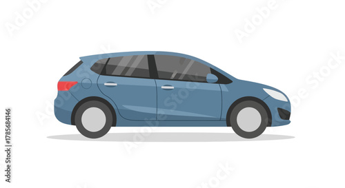 Blue hatchback car illustration, side view on white background.