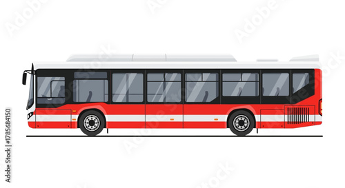 Red and white city bus side view illustration.