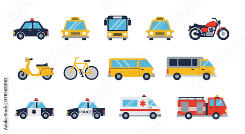 Illustration of various vehicles including cars, taxis, buses, and emergency vehicles.