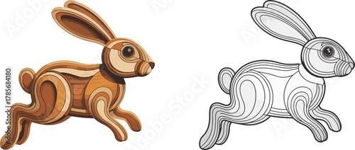 Running rabbit vector illustration, wooden layered animal design, color and outline version, modern wildlife art, decorative bunny artwork