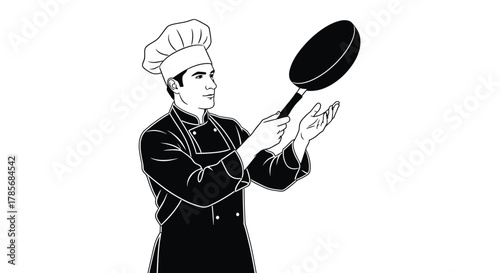 Chef cooking food in pan restaurant kitchen culinary illustration