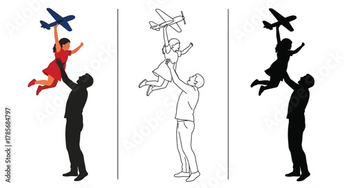 Father and daughter playing with airplane vector illustration art