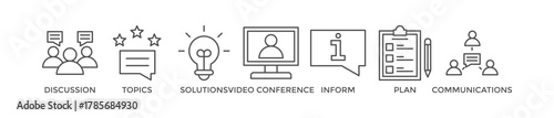 Meeting banner web icon vector illustration for business meeting and discussion with communications, topics, solutions, plan, inform