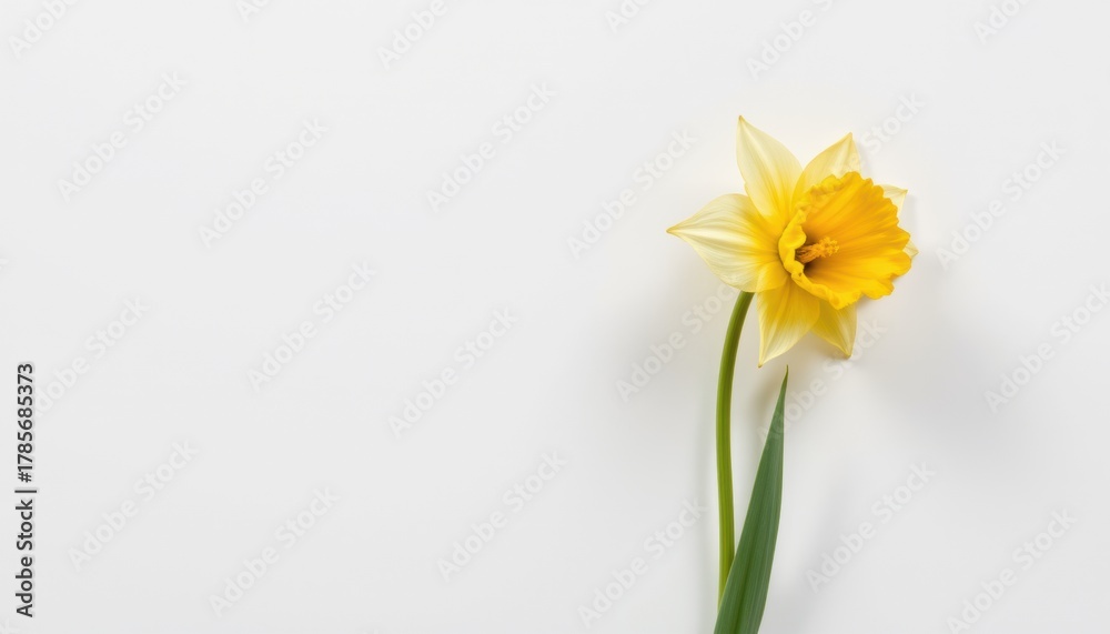 Obraz premium Isolate single daffodil flower with delicate yellow petals and long green stem against white background