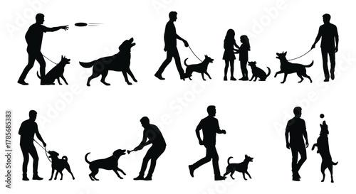 Dog activities silhouette vector illustration people dogs walk play