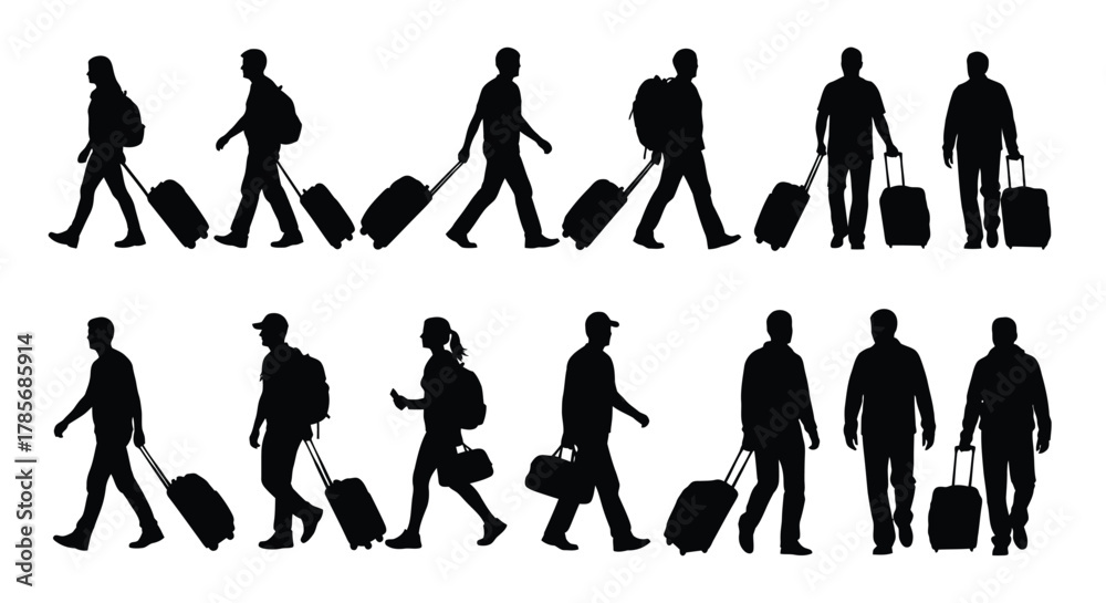 Fototapeta premium Silhouette people traveling with luggage vector stock illustration