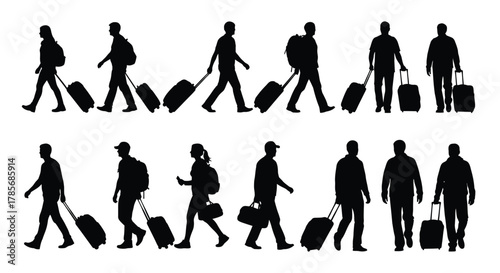 Silhouette people traveling with luggage vector stock illustration