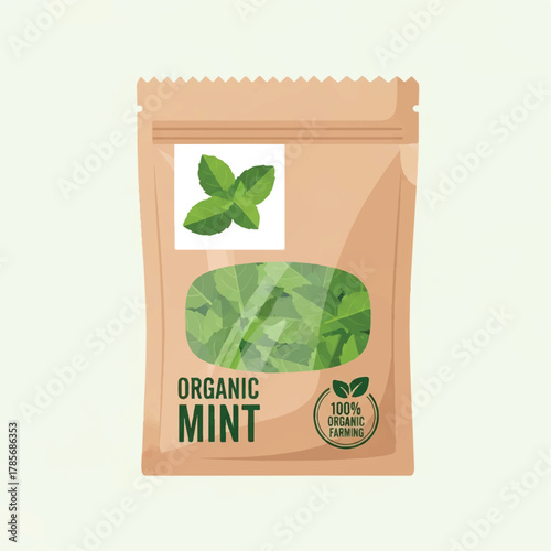 A stylized illustration of a brown paper bag filled with mint leaves