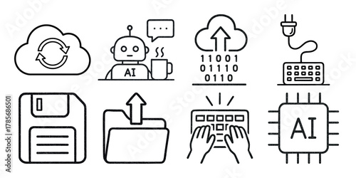 Collection of hand drawn icons representing artificial intelligence and technology concepts