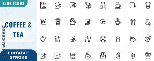 Coffee and Tea icon set. Editable Stroke Vector Set. Line Icon.
