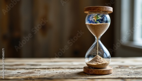 Create an image of an hourglass featuring Earth instead of sand to symbolize the urgency of climate change