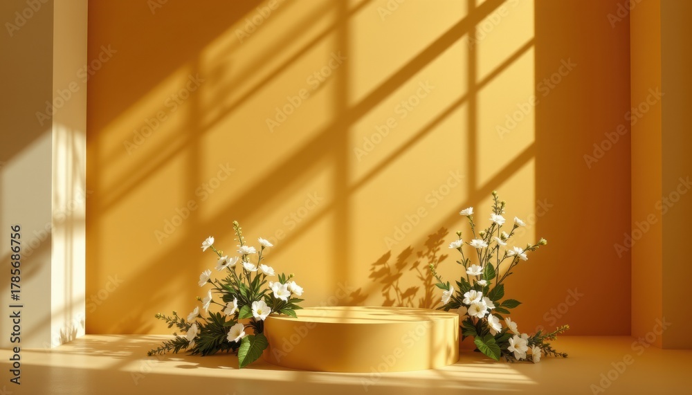 Fototapeta premium A visually striking image featuring a cylinder podium adorned with white flowers and cast in geometric shadows