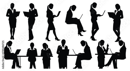 Businesswoman silhouettes working with laptops and tablets vector