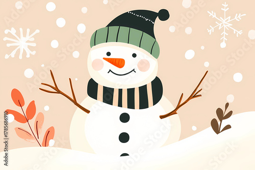 Cute snowman with hat and scarf on winter background, vector illustration, festive Christmas and New Year character