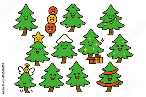 Fun and colorful cartoon trees with smiles and decorations create a joyful holiday scene perfect for festive designs