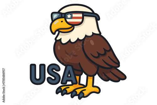 Cartoon eagle wearing sunglasses with USA flag design stands proudly showcasing patriotism and national pride