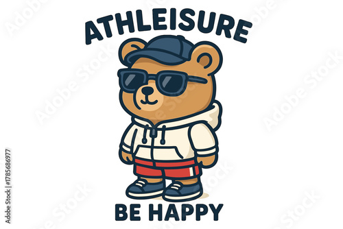 Cute cartoon bear wearing sunglasses and sporty clothes promoting a fun and carefree lifestyle