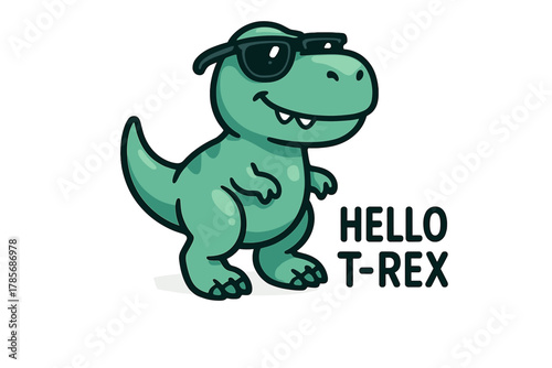 Cartoon dinosaur wearing sunglasses and greeting with a friendly message in a playful style