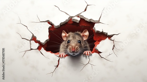 Curious rat emerging from a cracked wall hole.