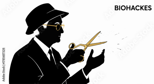 Scientist in hat and glasses carefully cuts with golden scissors, symbolizing innovation and precision.