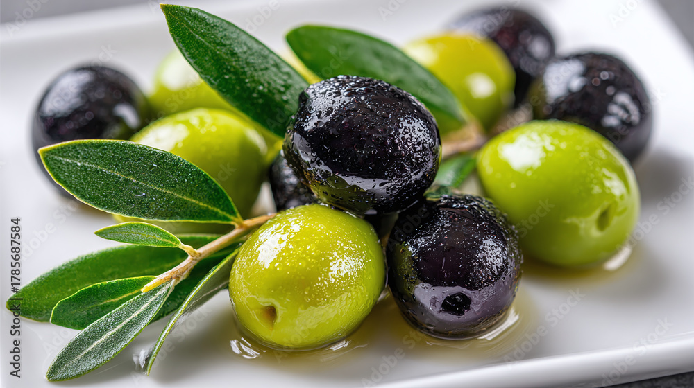 Obraz premium Fresh Green and Black Olives with Leaves on White Plate