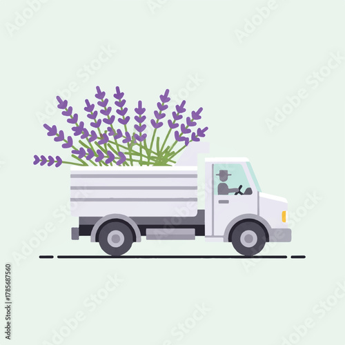 A white truck carries a load of lavender on a light green background